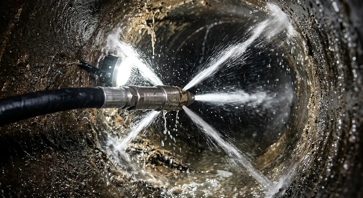 High-pressure hydro jetting nozzle cleaning sewer pipe for Trenchless Sewer Repair in Danvers