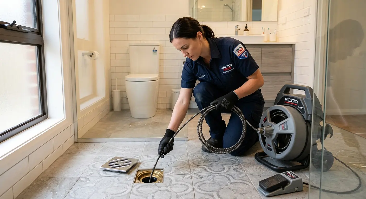Technician clearing a bathroom floor drain for Sewer Line Installation in Danvers